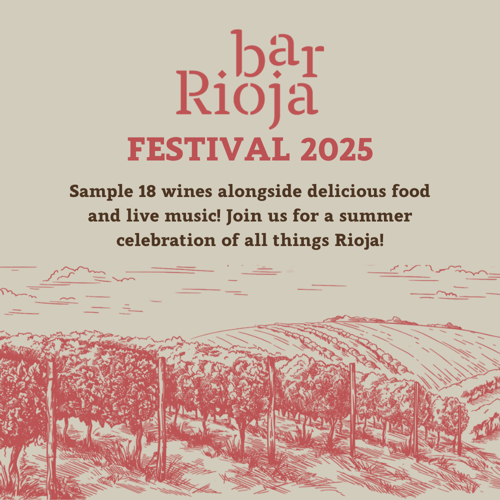 Promotional image for Bar Rioja Festival 2025 with vineyard illustration. Text highlights sampling 18 wines, delicious food, and live music for a summer celebration of Rioja.