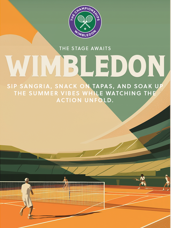 Illustration of a Wimbledon tennis match in a modern stadium with two players on court. Text invites viewers to enjoy sangria, tapas, and summer vibes while watching the matches. Wimbledon logo appears at the top.