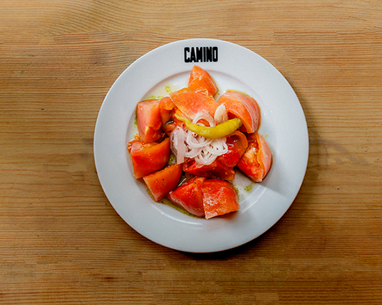 A white plate labeled 